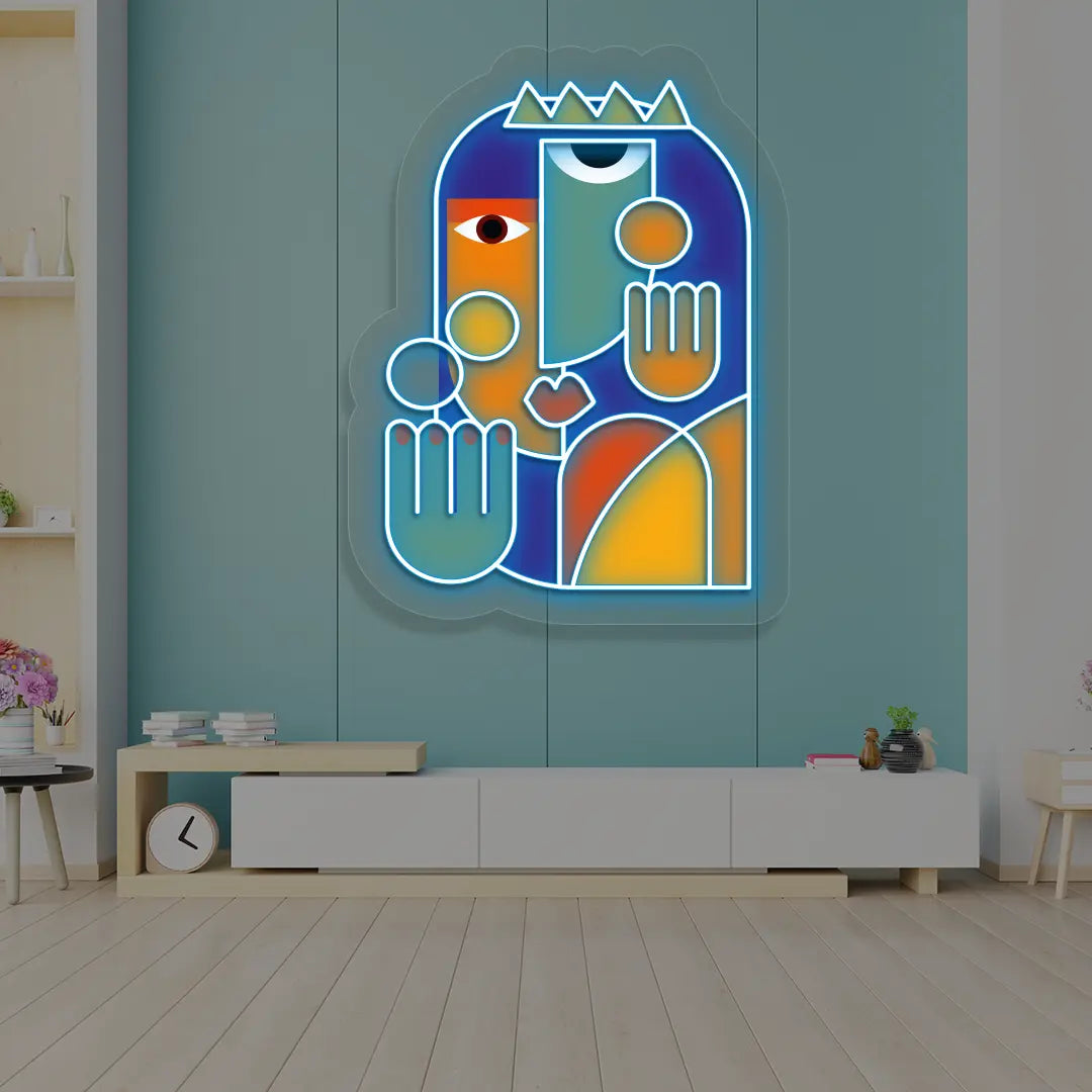 ice blue crowned aura abstract Neon Artwork Sign mounted on a wall