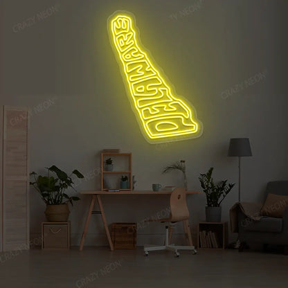 DELAWARE Map Neon Sign lighting up in yellow color in a room
