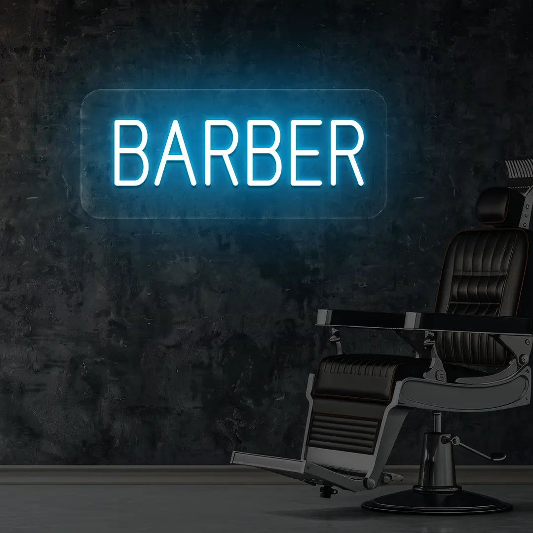 Barber Neon Sign in Ice Blue Colour Mounted on Wall 