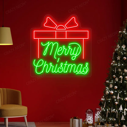 Merry Christmas Gift Box Neon Sign | green