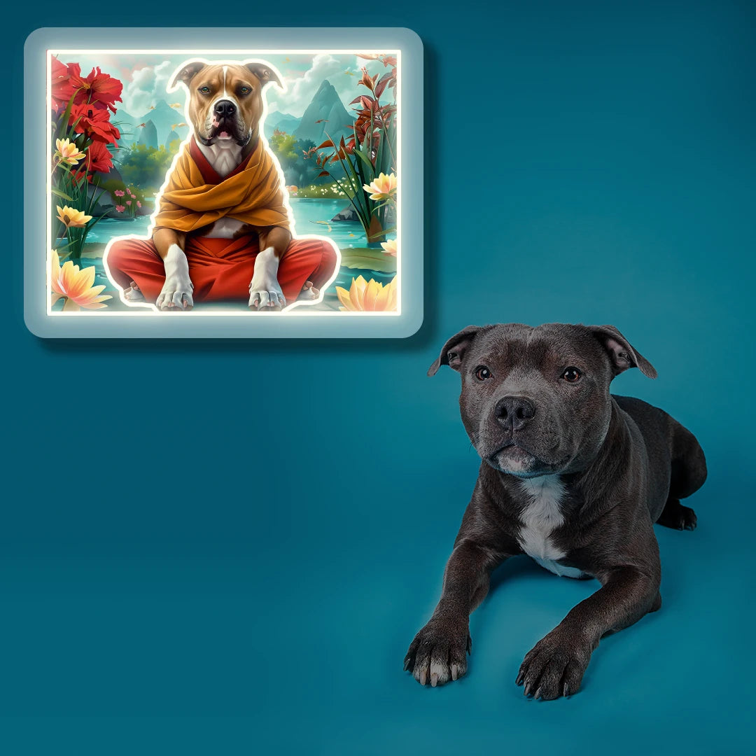 Peaceful Pitbull Monk Scenery Neon Artwork in Warmwhite Color