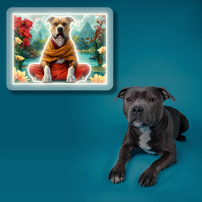 Peaceful Pitbull Monk Scenery Neon Artwork in Warmwhite Color