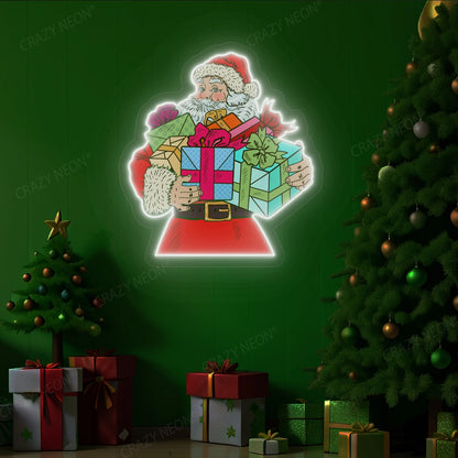 Santa Claus With Gift Neon Sign | White 