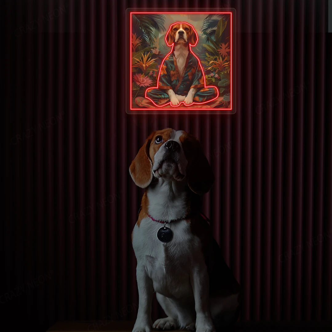 Tropical Zen Beagle Meditation Neon Artwork in Red Color