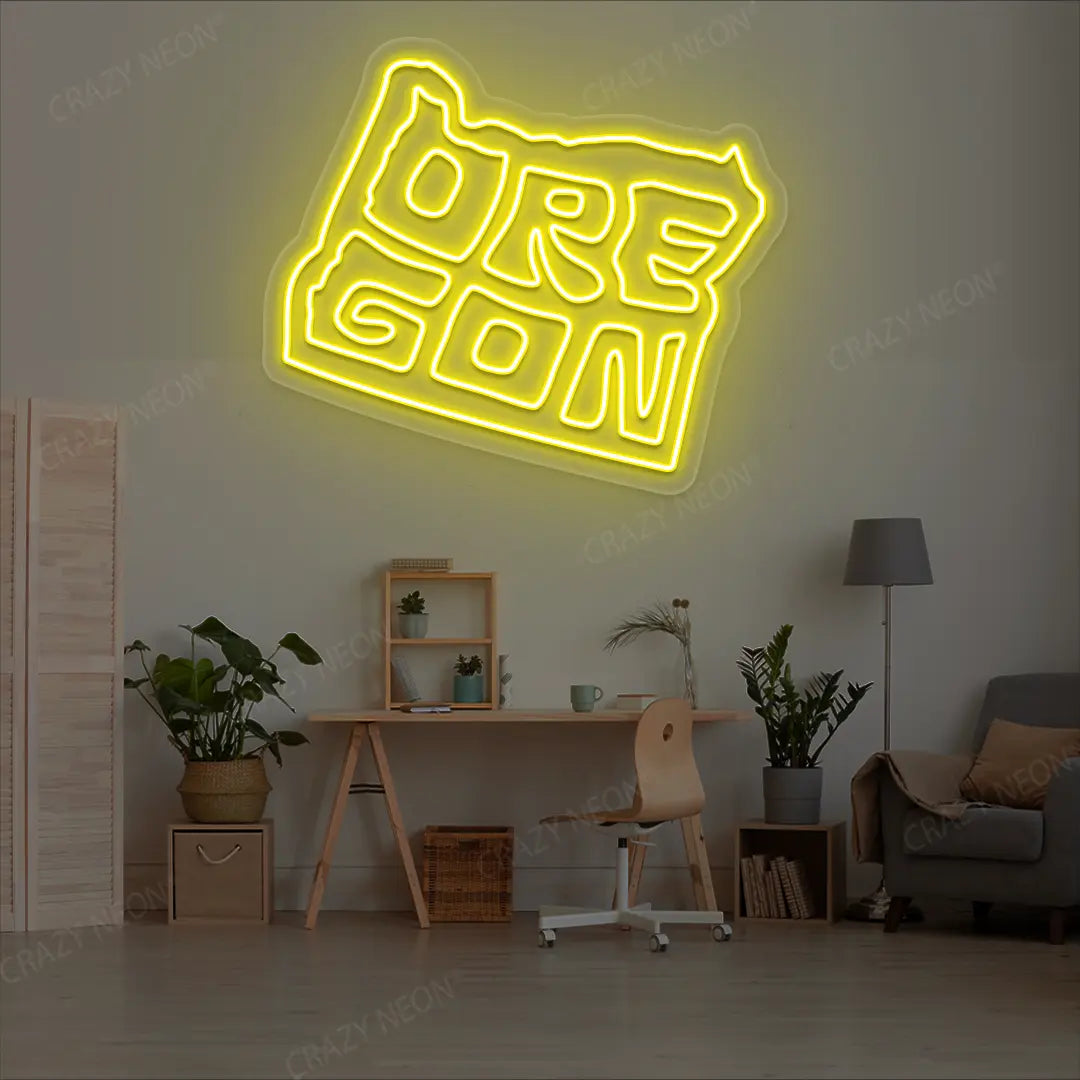 OREGON Map Neon Sign lighting up in yellow color in a room