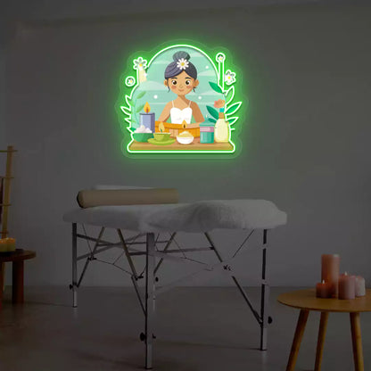 Spa Girl Neon Artwork lighting up in green color on a spa wall
