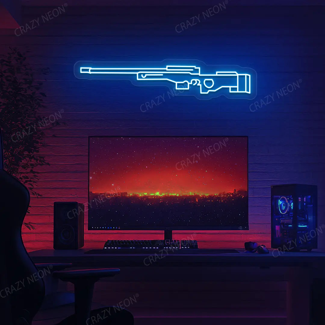 AWM Gaming Gun Neon Sign in Iceblue color