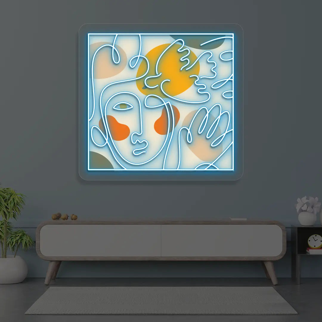 Abstract Face Neon Artwork Sign in Iceblue color