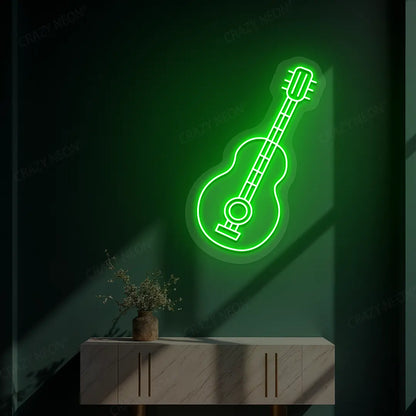green acoustic guitar neon sign mounted on a wall