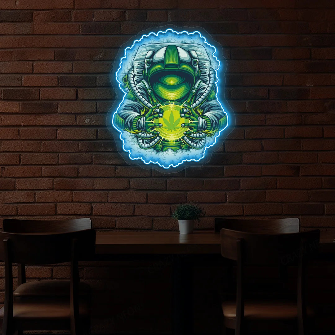 Cosmic Weed Astronaut Neon Artwork In iceblue color
