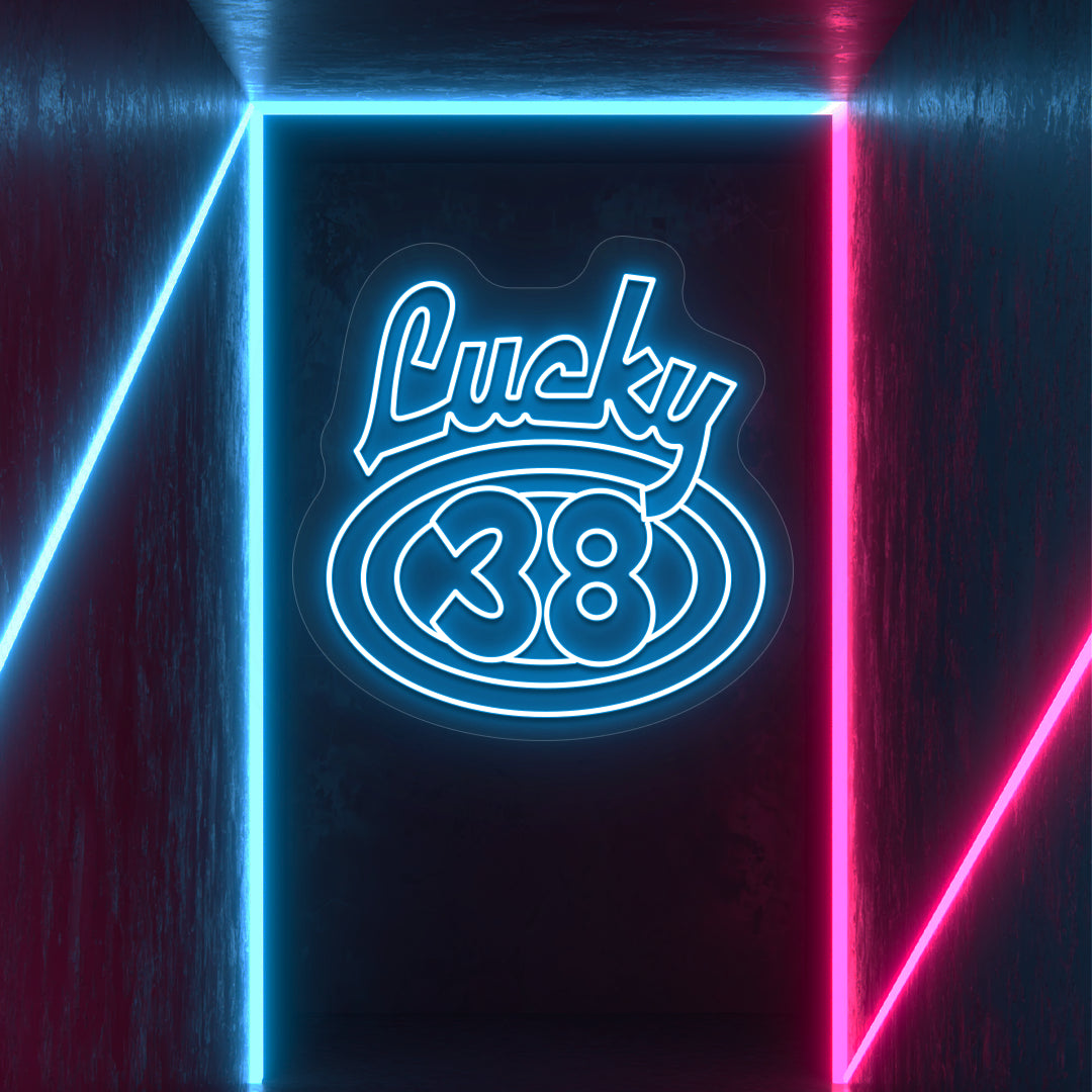 ice blue the lucky 38 vintage neon sign mounted on a wall