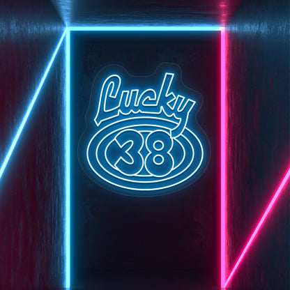 ice blue the lucky 38 vintage neon sign mounted on a wall