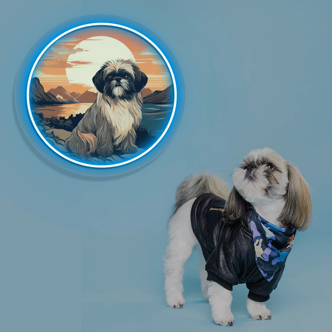 Sunset Lake Shih Tzu Portrait Neon Artwork in Iceblue color