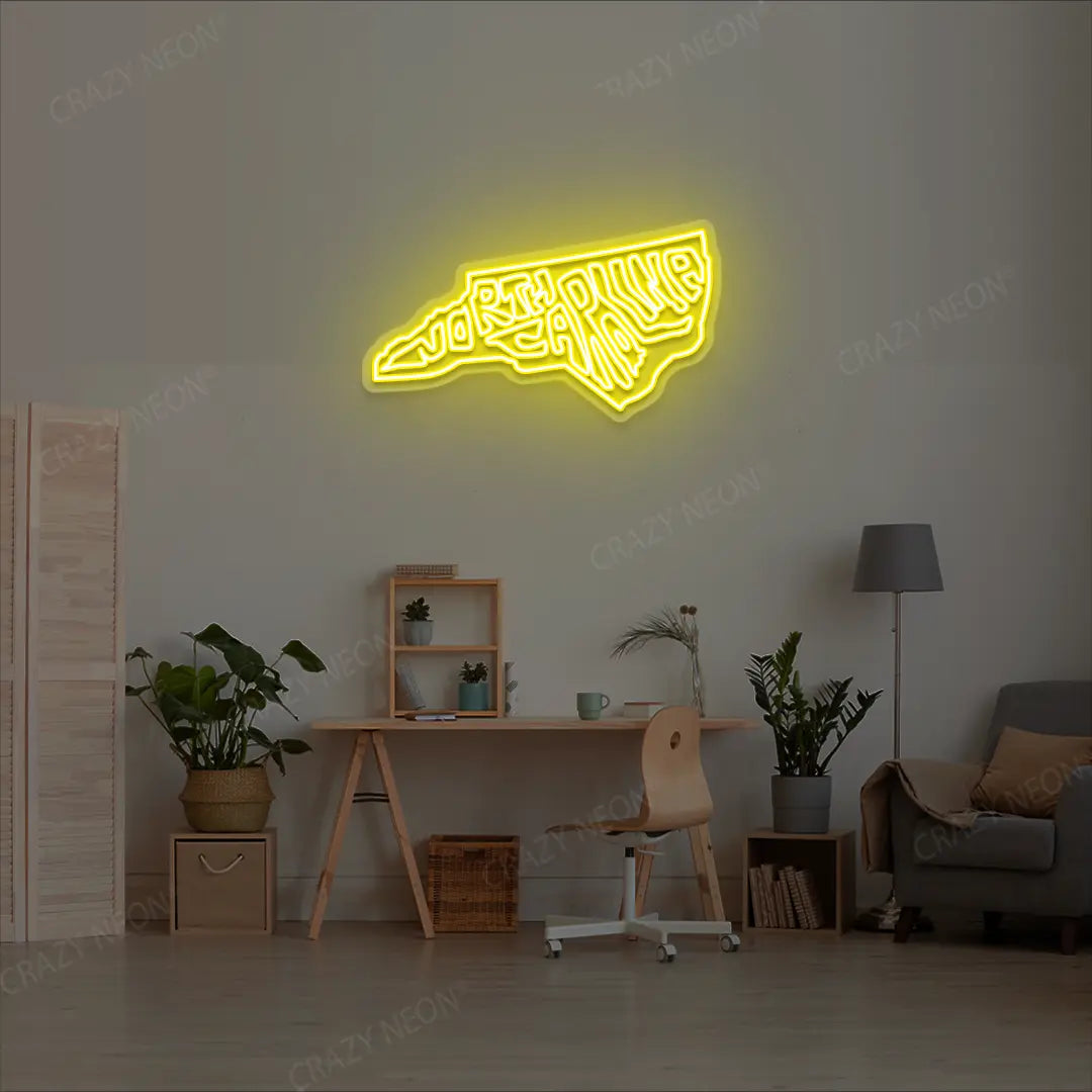 NORTH CAROLINA Map Neon Sign lighting up in yellow color in a room