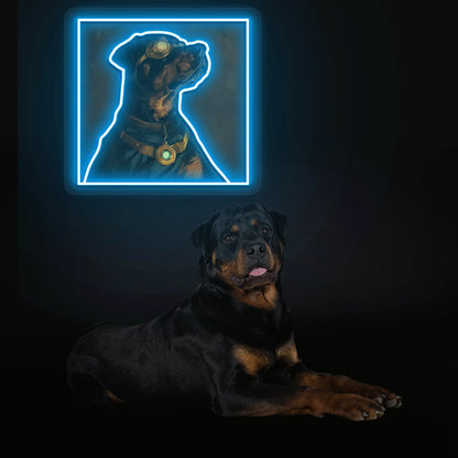 Steampunk Guardian Rottweiler Neon Artwork in iceblue color