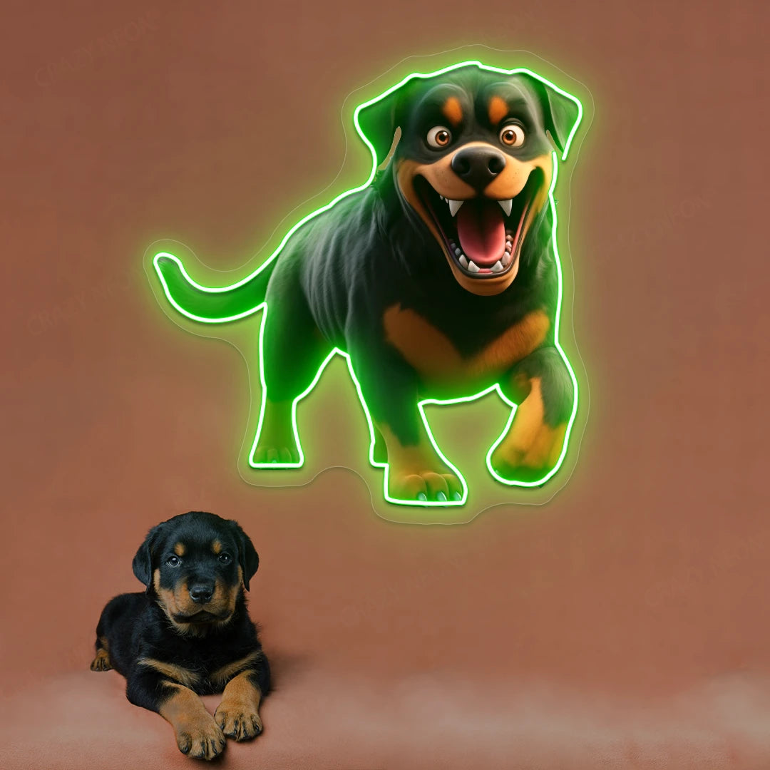 Playful Puppy Rottweiler Neon Artwork in Green color