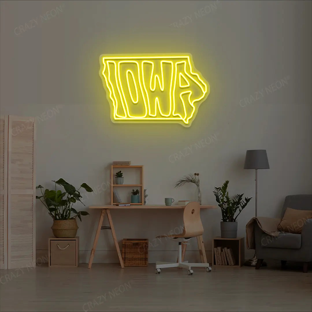 LOWA Map Neon Sign lighting up in yellow color in a room