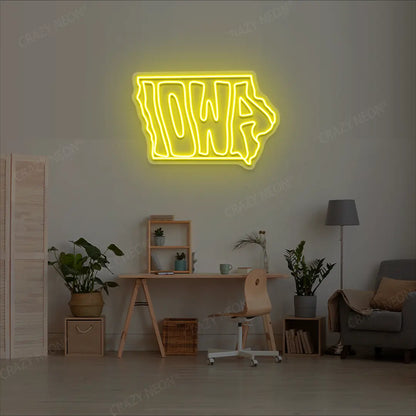 LOWA Map Neon Sign lighting up in yellow color in a room