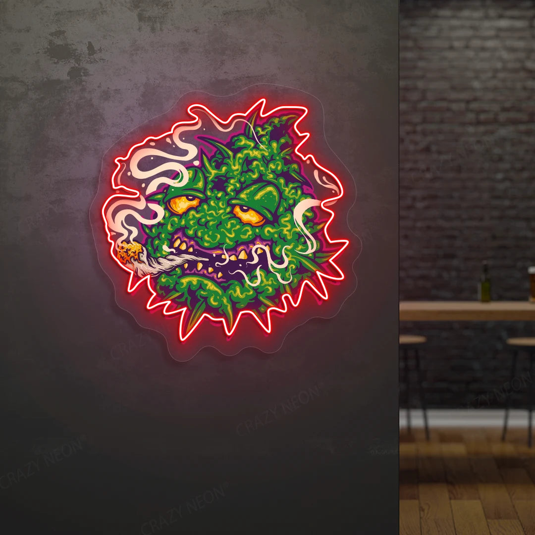 Trippy Weed Monster Neon Artwork in Red Color