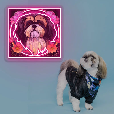 Floral Halo Shih Tzu Portrait Neon Artwork in pink color
