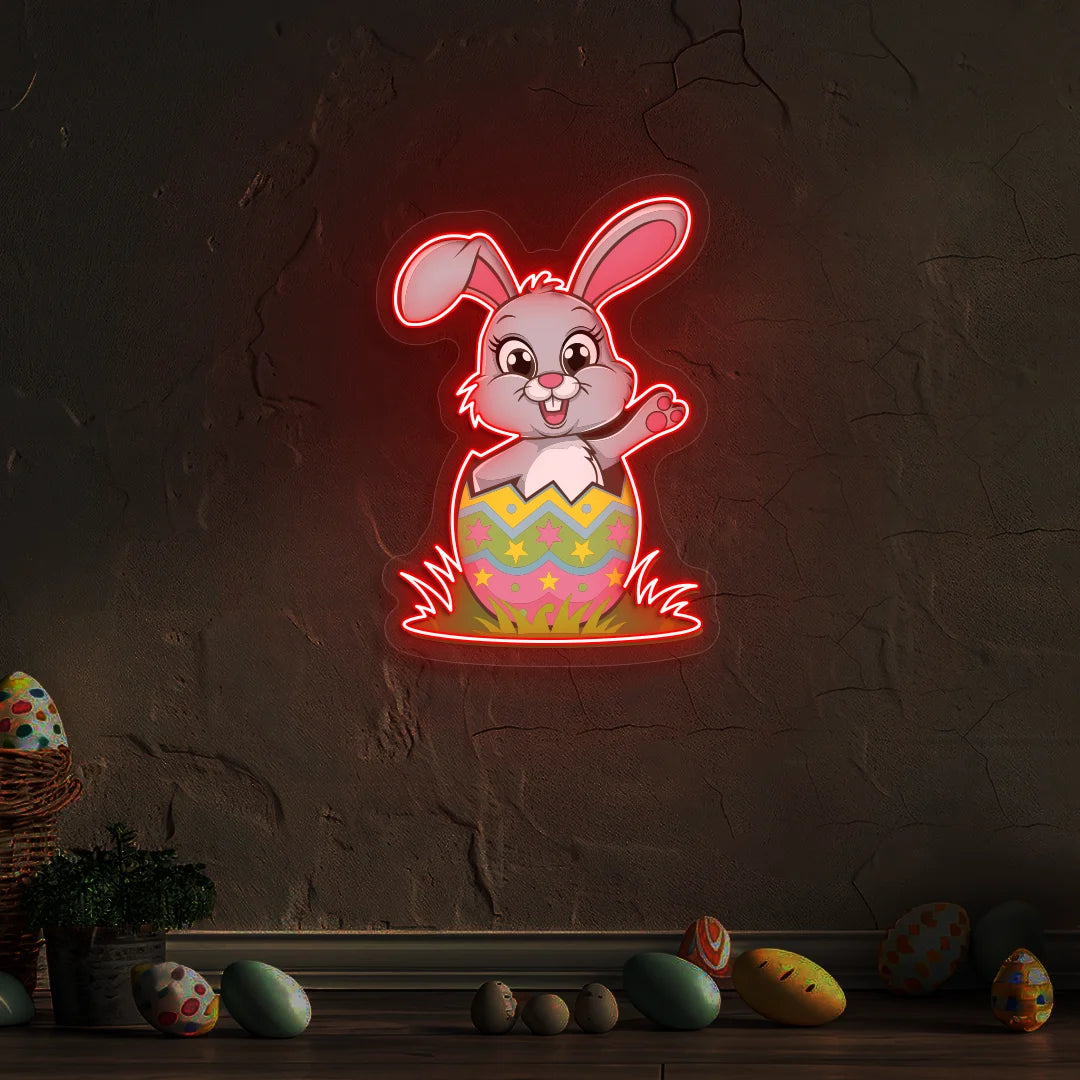 Easter Bunny in Egg Neon Artwork in red color