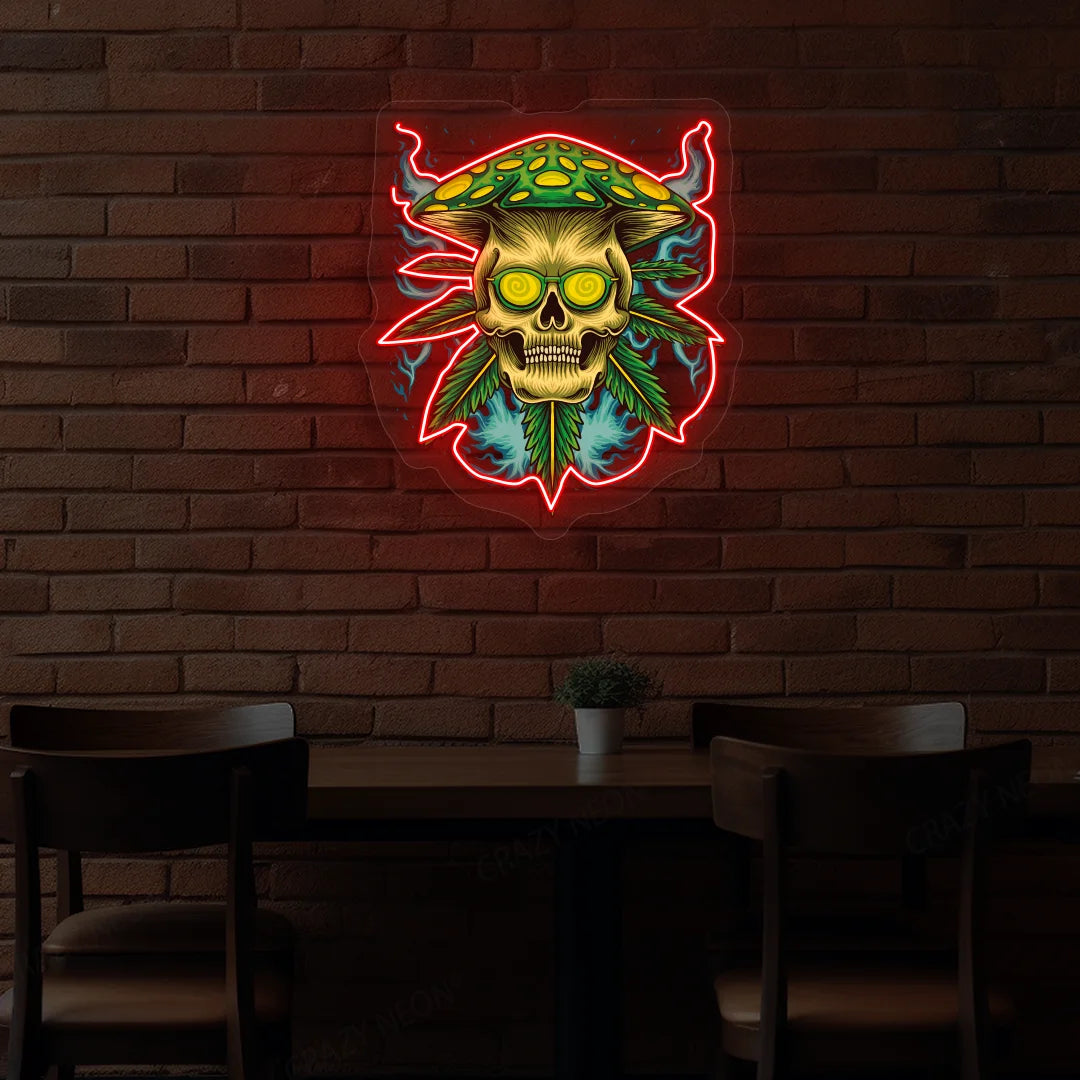 Psychedelic Skull Mushroom Hat Weed Neon Artwork in red Color