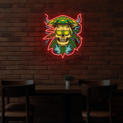 Psychedelic Skull Mushroom Hat Weed Neon Artwork in red Color