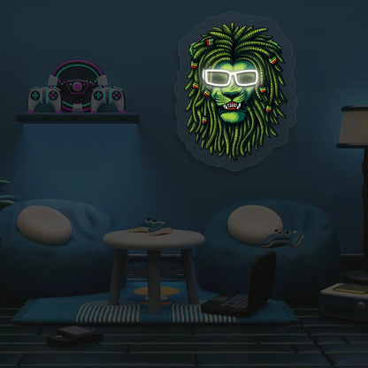 Lion Green Dreadlocks Neon Artwork in Warmwhite color