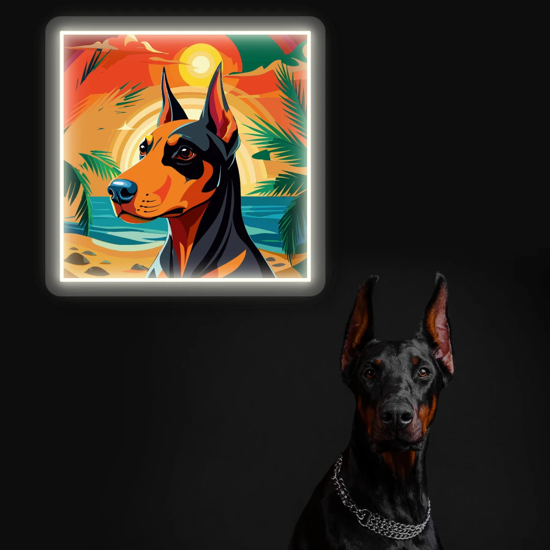 Tropical Sunset Doberman Neon Artwork in Warmwhite color