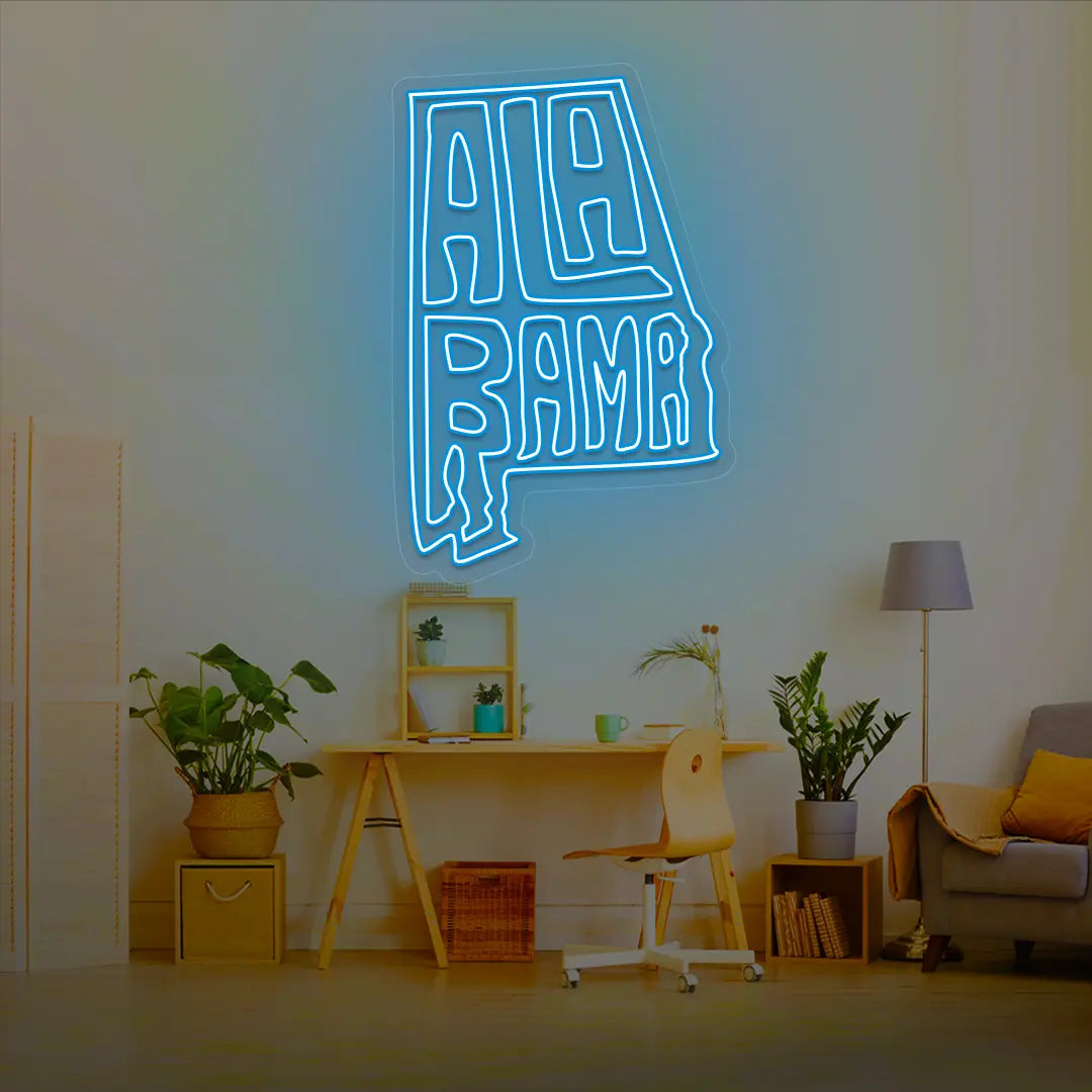 ALABAMA Map Neon Sign lighting up in iceblue color in a room
