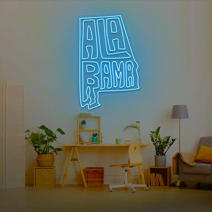 ALABAMA Map Neon Sign lighting up in iceblue color in a room