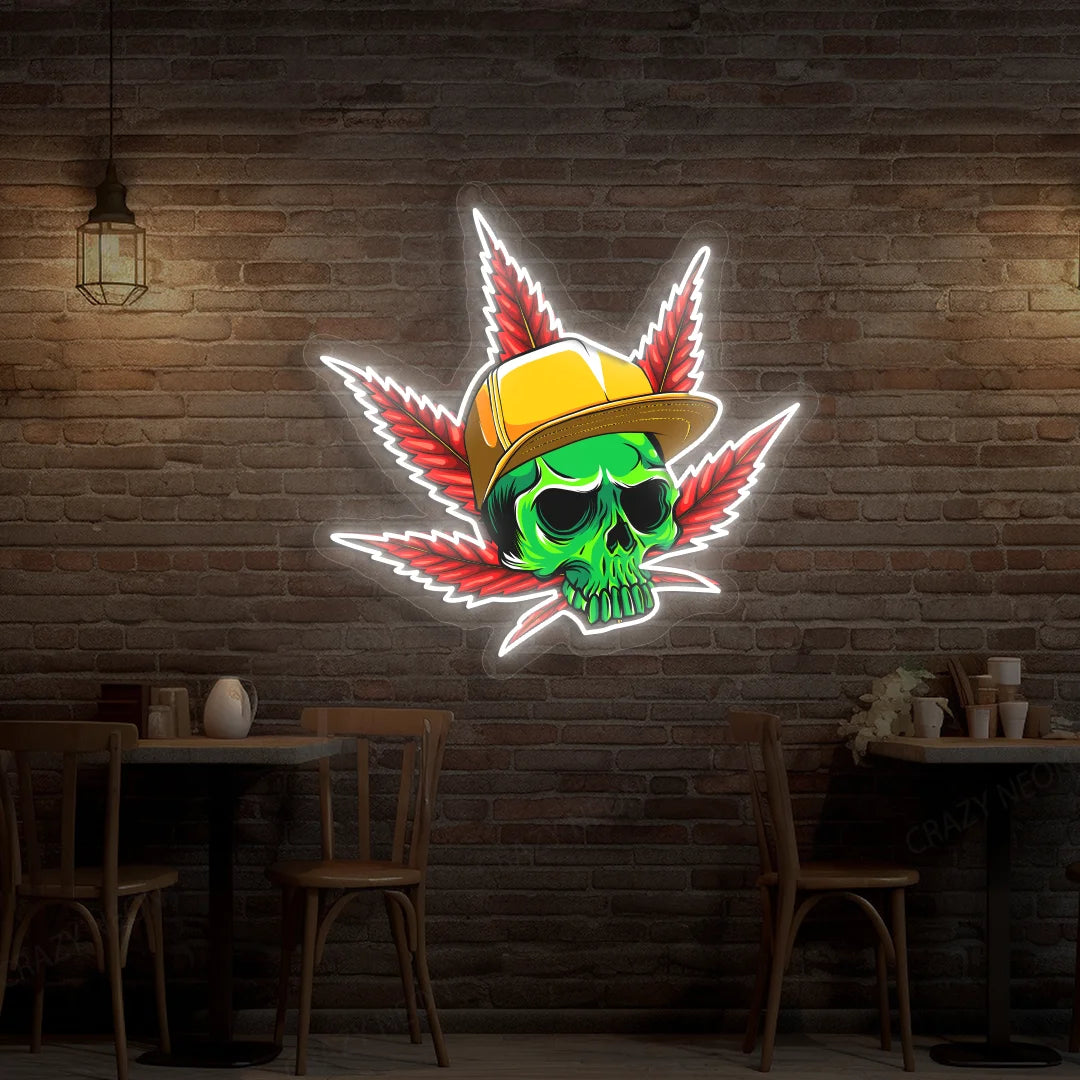 Skull Cap Weed Leaf Neon Artwork in Warmwhite color
