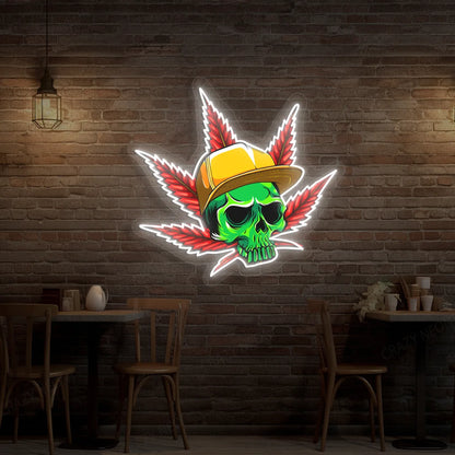 Skull Cap Weed Leaf Neon Artwork in Warmwhite color