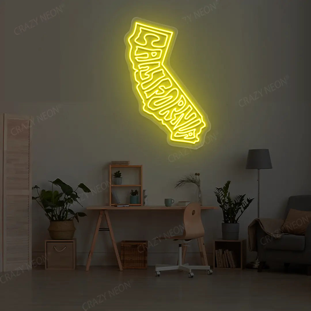 CALIFORNIA Map Neon Sign lighting up in yellow color in a room