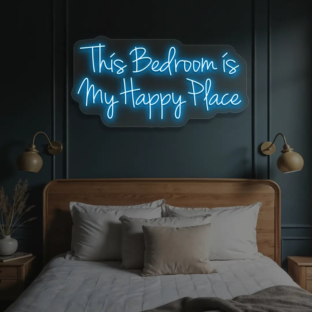 ice blue this bedroom is my happy place neon sign mounted on a wall