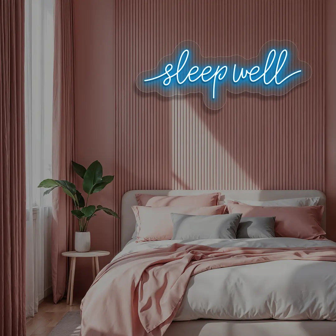 ice blue sleepwell neon sign mounted on a wall