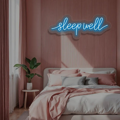 ice blue sleepwell neon sign mounted on a wall