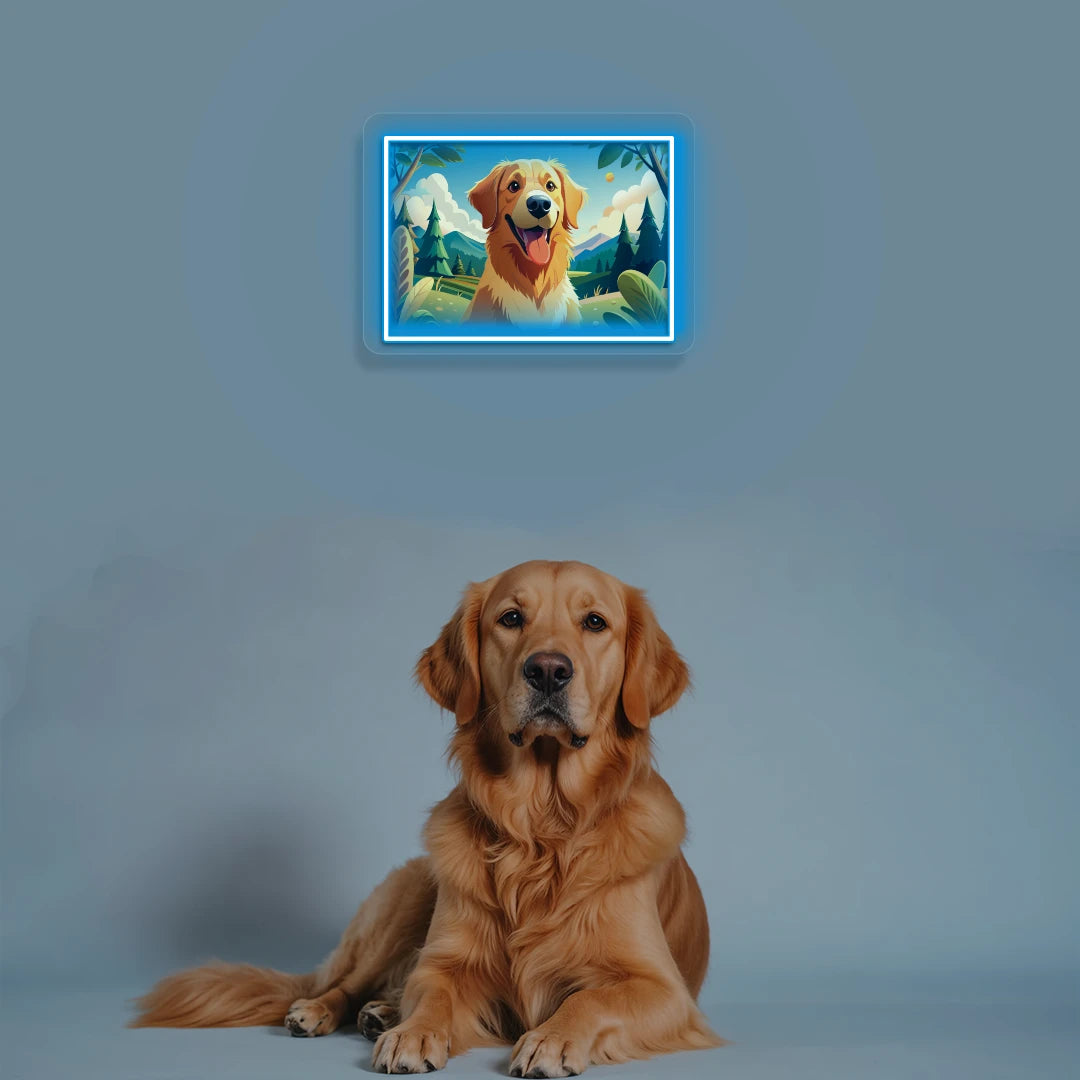 Mountain Trail Golden Retriever Portrait Neon Artwork in iceblue color