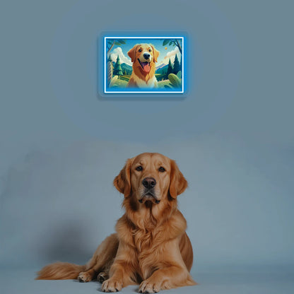 Mountain Trail Golden Retriever Portrait Neon Artwork in iceblue color