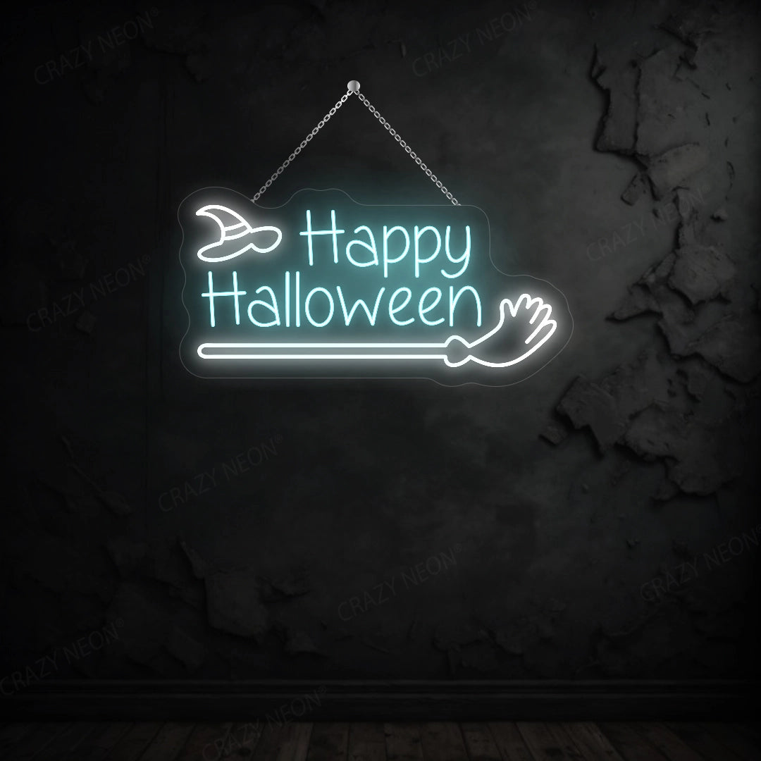 Happy Halloween with Broom Stick LED Neon Sign | Ice Blue 