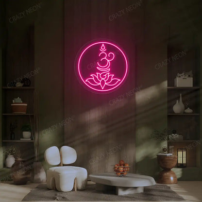 Om Lotus Neon Sign lighting up in pink color in a yoga room