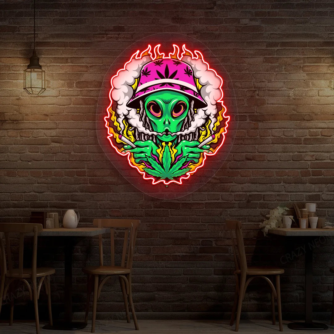 Alien Smoking Weed Neon Artwork in Red Color