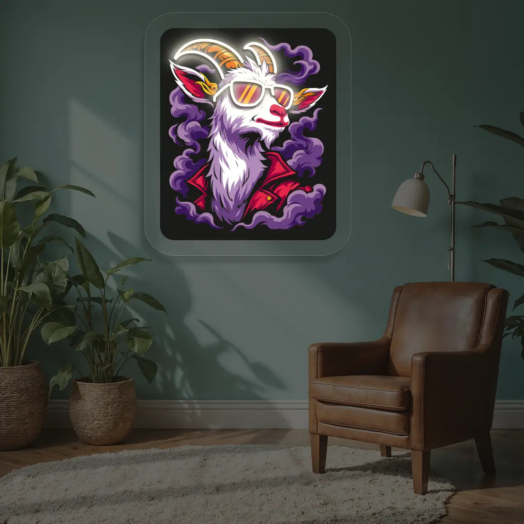 Stylish Goat with Sunglasses Neon Artwork in White color
