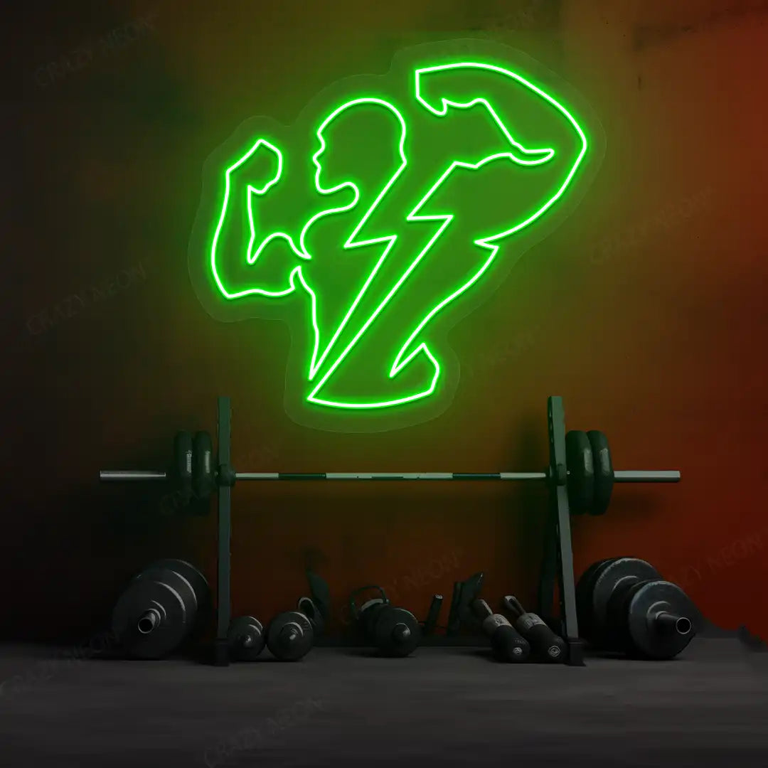 green thunder bolt physique neon sign mounted on a wall