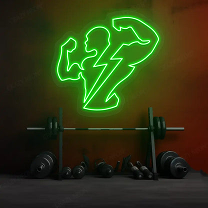 green thunder bolt physique neon sign mounted on a wall