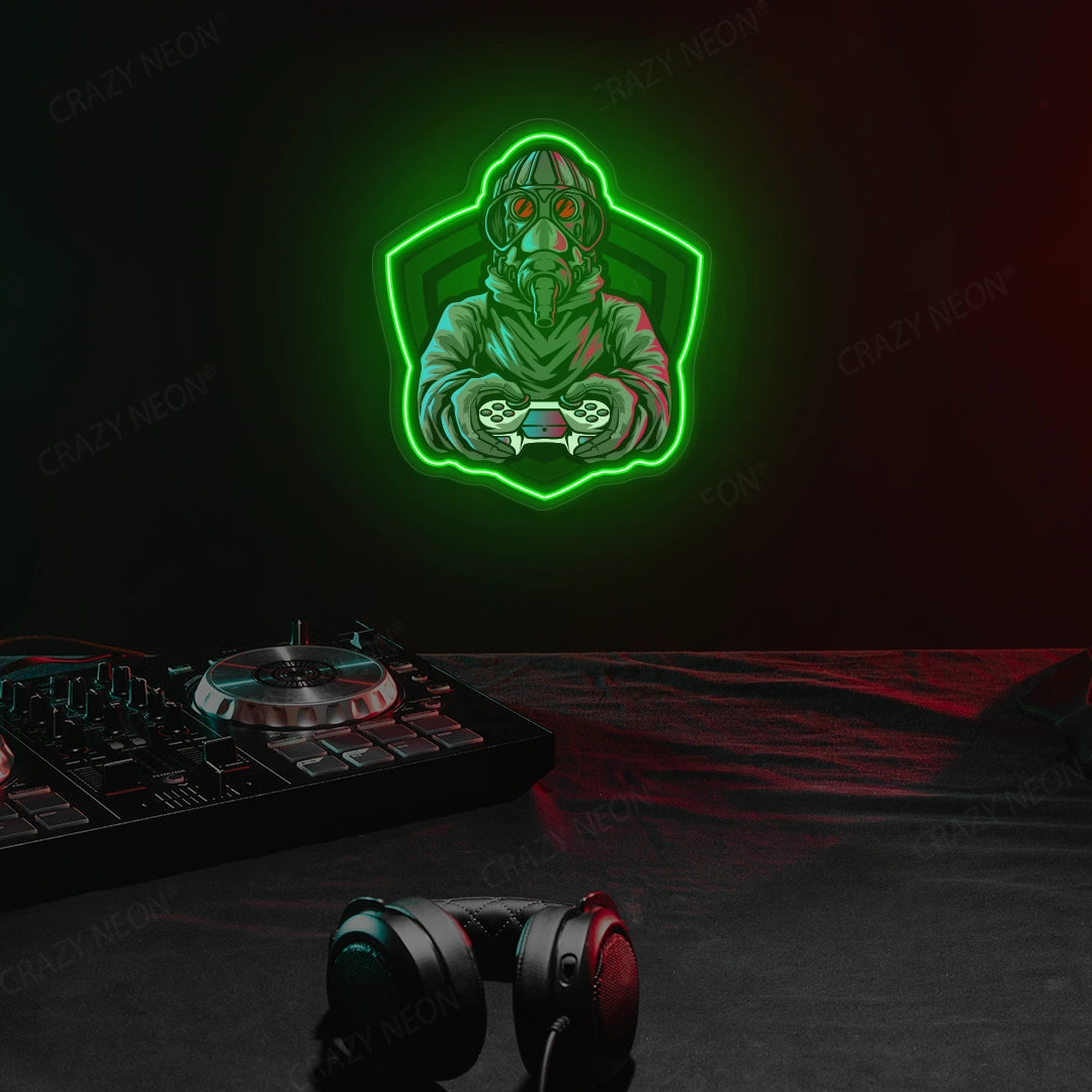 Gas Mask Soldier Gamer Neon Artwork in Green color