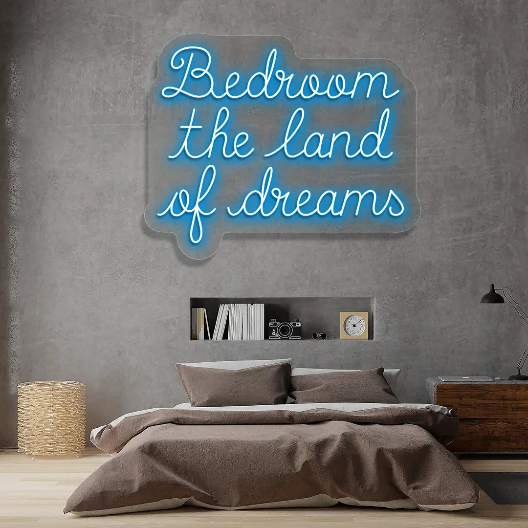 ice blue bedroom the land of dreams neon sign mounted on a wall
