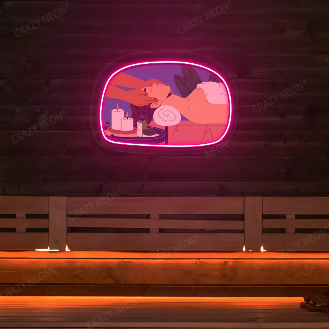 Relaxation Massage Neon Artwork lighting up in pink color on a wooden spa wall