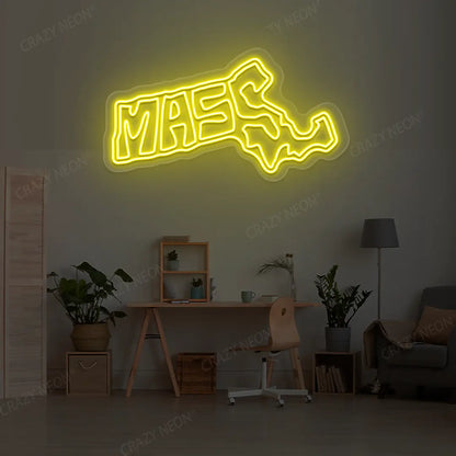 MASSACHUSETTS Map Neon Sign lighting up in yellow color in a room