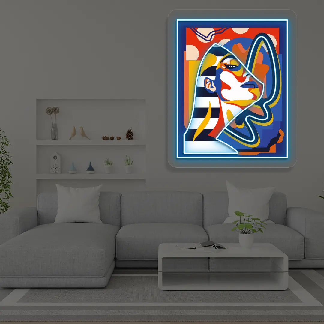 Pharaonic Abstract Neon Artwork Sign in Iceblue color